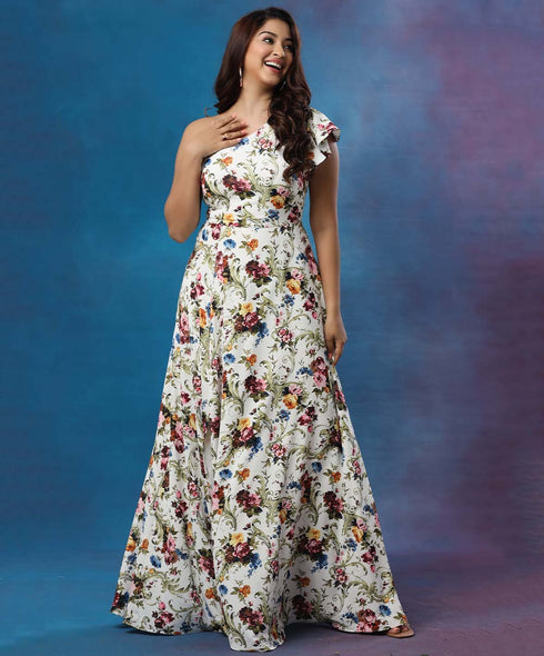 One Shoulder Flared Sleeves Maxi Dress